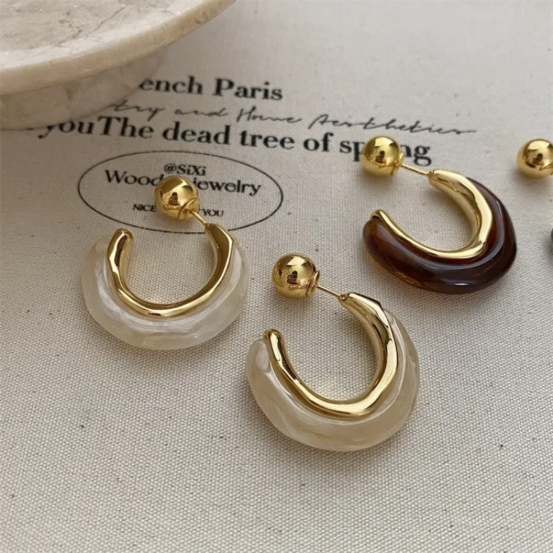 Brown Amber C Hoop Earrings, Retro Front Back Wear Statement Earrings, Multi-way Wear Melad Style Earrings for Women Autumn