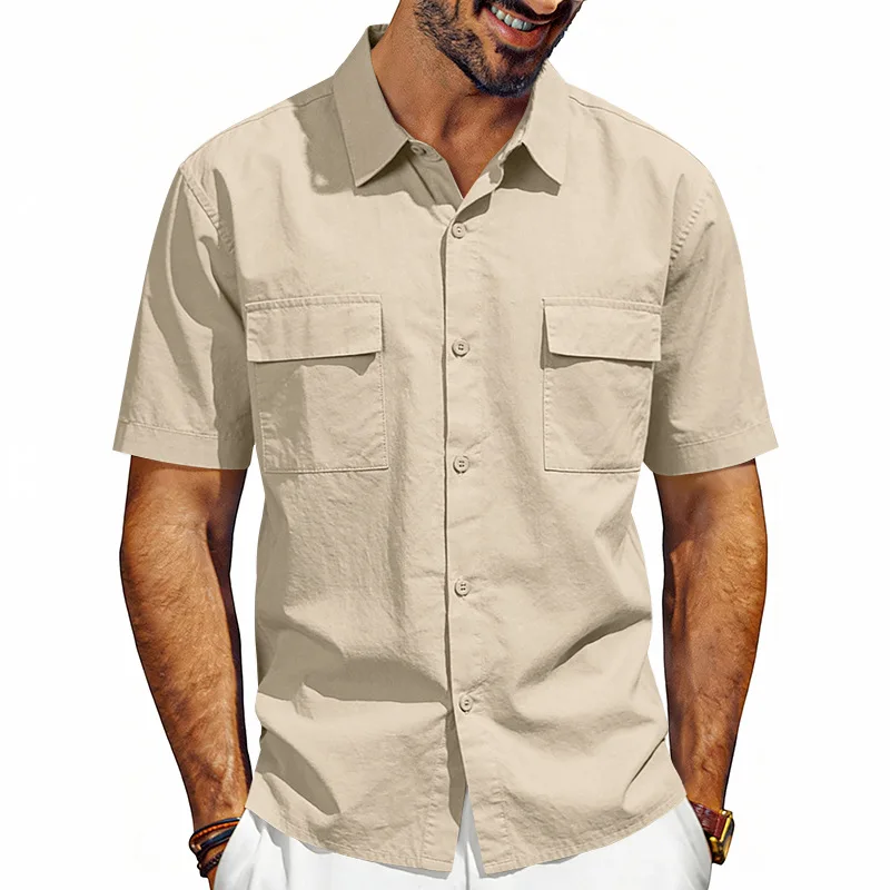 

Summer Men's Safari Style Casual Shirts Solid Short Sleeve Double Pocket Fashion Shirt Male Turn Down Collar Beach Blouse Tops