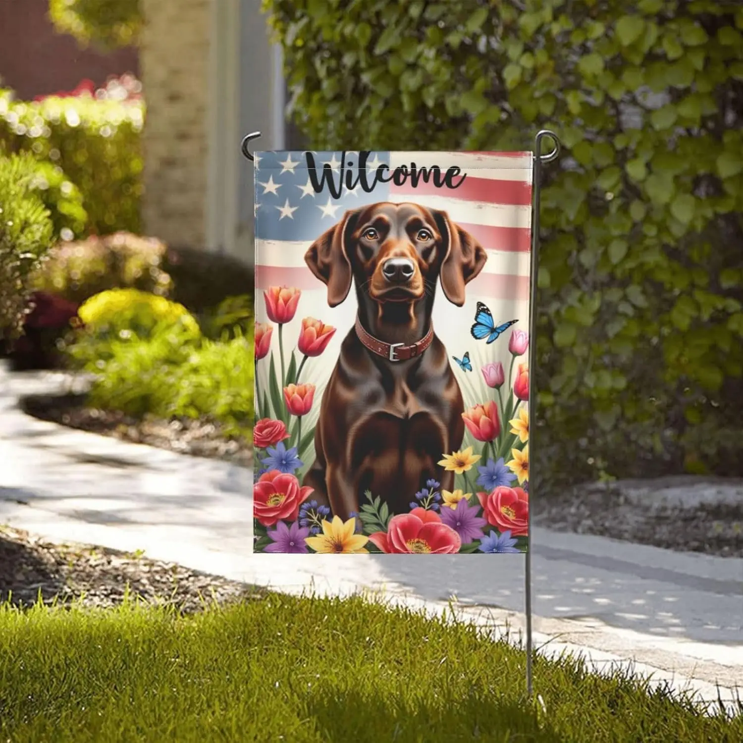 Welcome Spring Summer Garden Flag Patriotic Chocolate Lab Dog With Flowers DoubleSided 12x18 Inch Yard Flag Outdoor House De EEZ