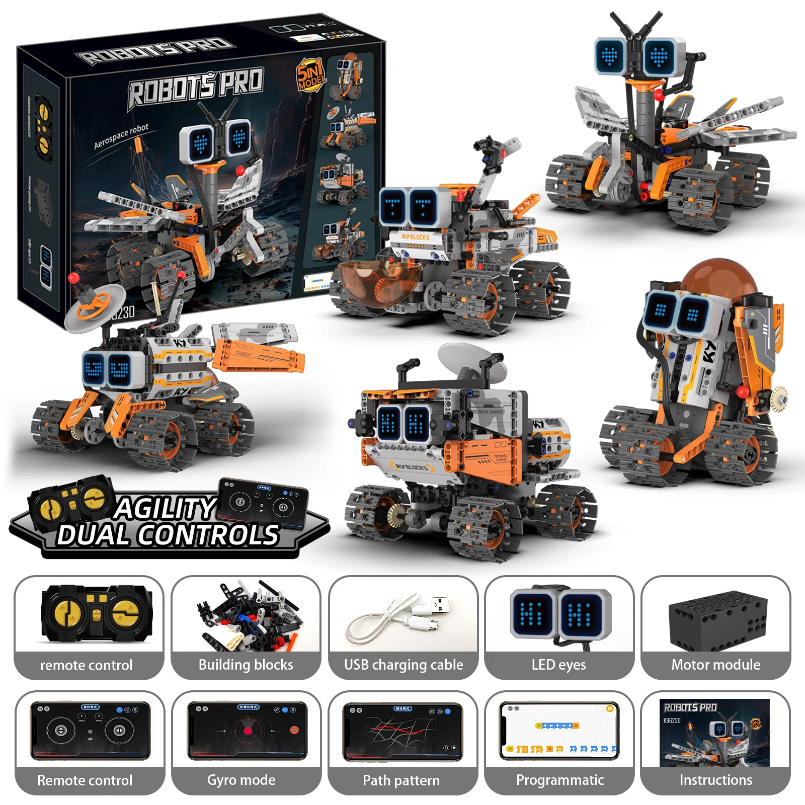 5-in-1 robot building blocks assembly, 2.4Ghz remote control rover model assembly, DIY building toy, children's birthday gift