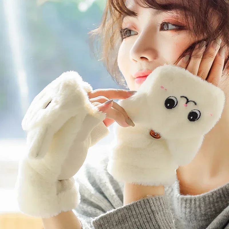 Women Winter Plush Cat Mittens Fingerless Gloves Girls Plush Warm Glove Winter Soft Thick Gloves for Female Flip Half Finger