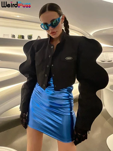 Imagen 2 del producto Weird Puss-Chaqueta de manga especial a la moda para mujer, abrigo corto informal de una sola botonadura, cálido, sólido, Y2K, calle salvaje, otoño