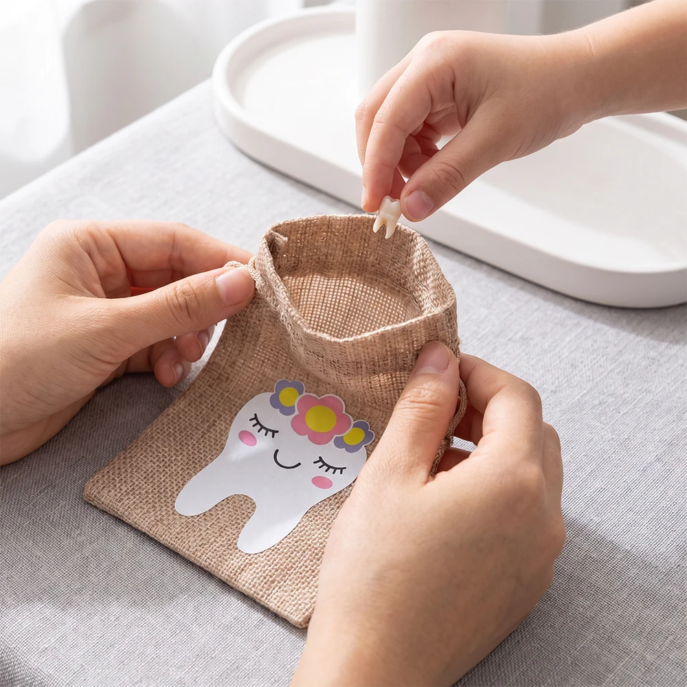 6pc Tooth Cartoon Pattern Bags Teeth Container Bag Keepsake Primary Tooth Pattern linen Bundle for Dental Goods Gift Bags