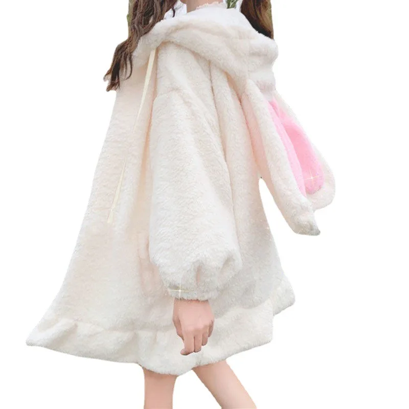 Kawaii Hoodies Women Winter Oversized Bunny Ears Plush Sweatshirt Women Long Sleeve Cute Tops Warm Zip Up Hoodies