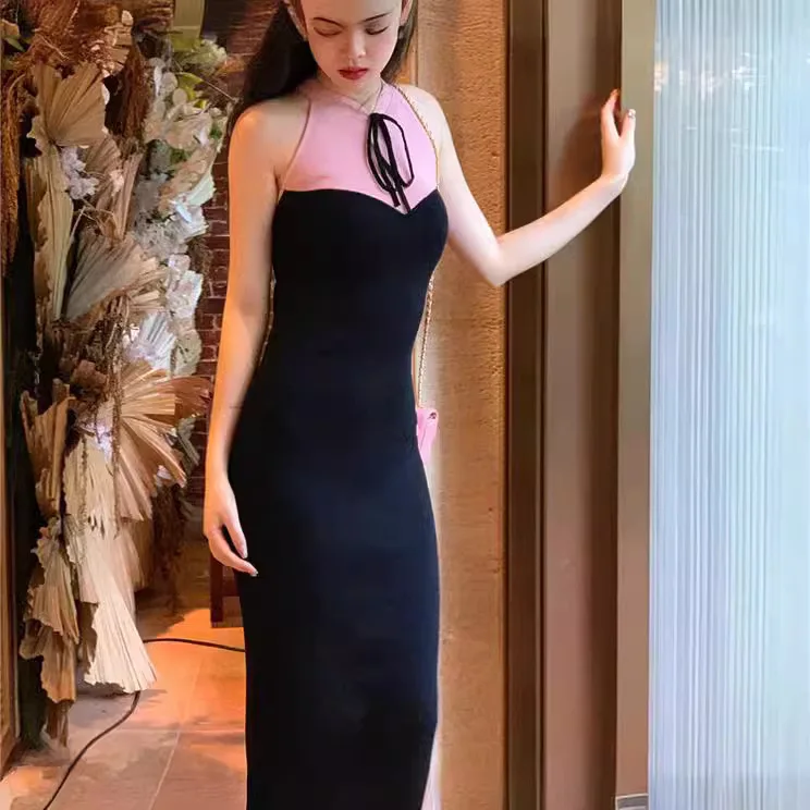 

6656 Elegant Improved Cheongsam Half High Collar Halter Neck Slim Shoulder Color Block Waist Inner Vest Dress For Women