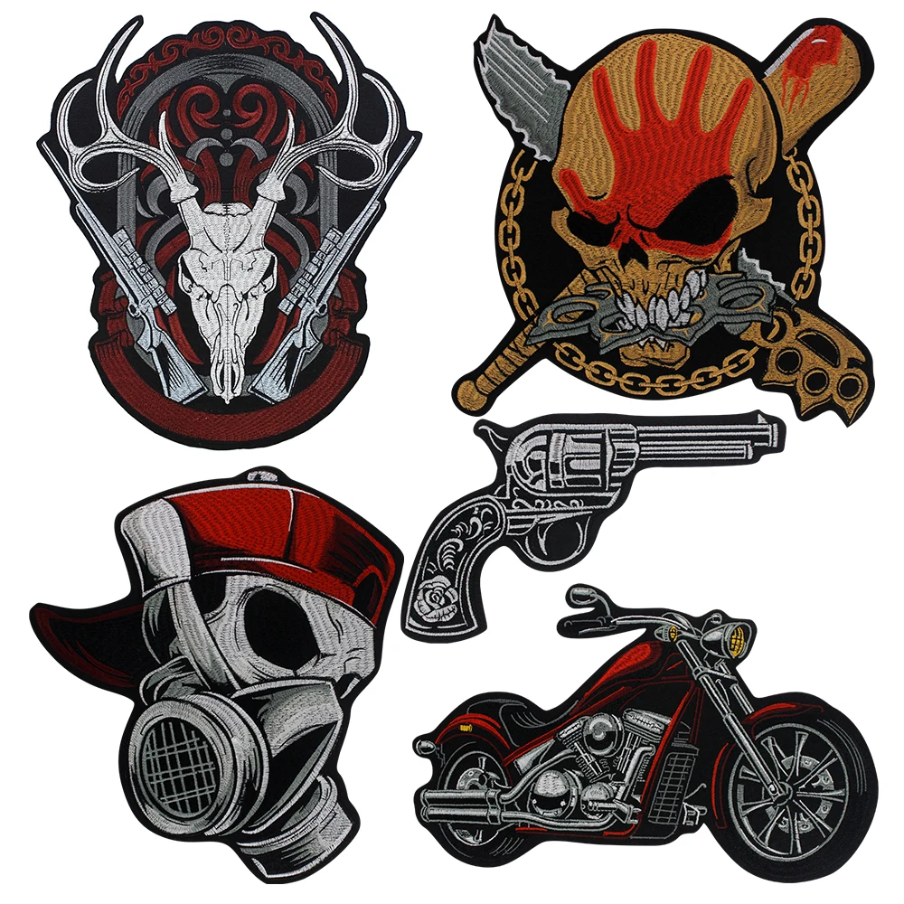 Large Skull Gun Deer Embroidery Patches Iron on TShirt Skeletons Sticker Punk Motorcycle Badge Accessories