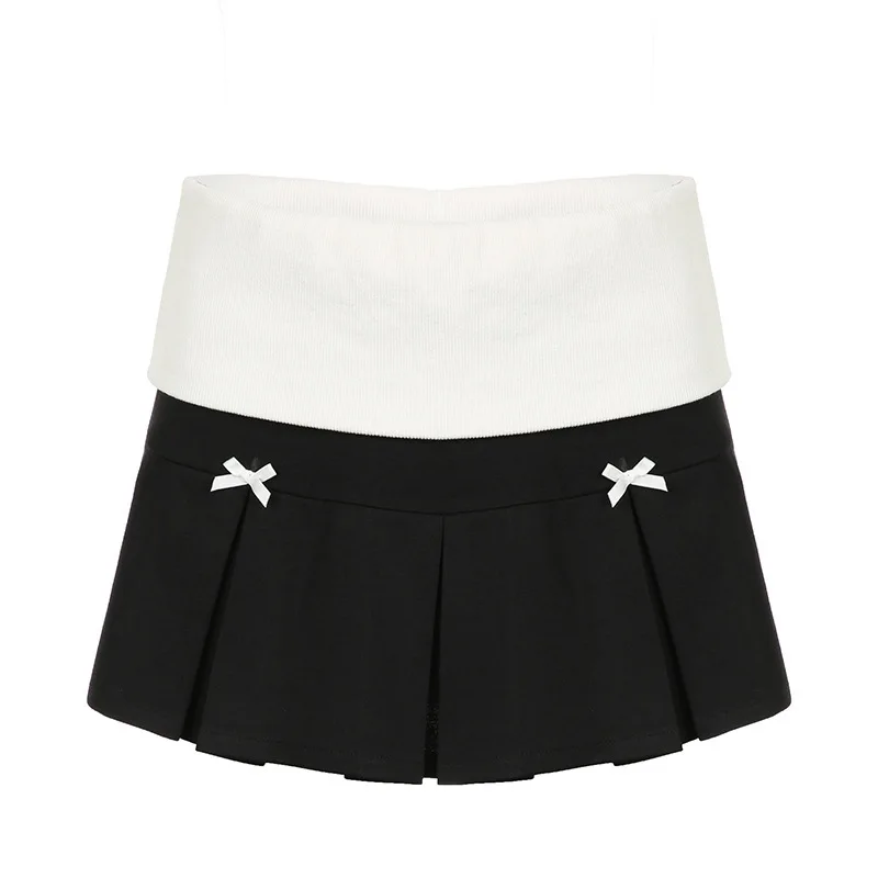 Gonna a pieghe con fiocco a vita larga Color Blocking 2024 primavera/estate nuovo stile gonna lavorata a maglia alla moda e Sexy, ragazza piccante