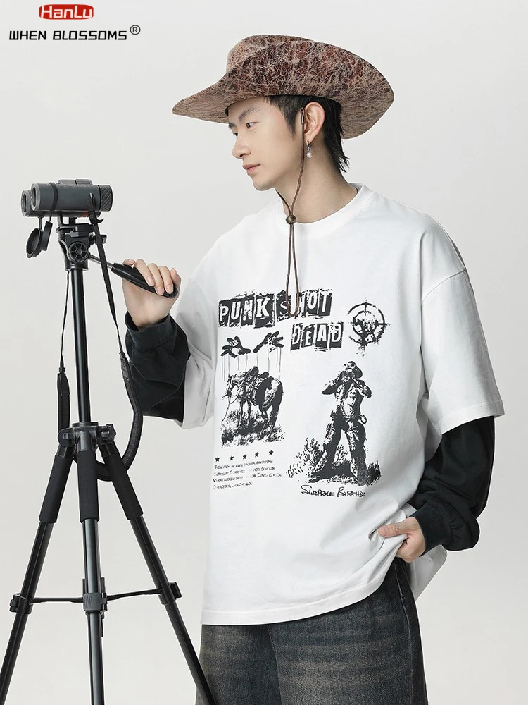 

HANLU Summer Trend Vintage Graphic T-shirts fo Man Pure Cotton Loose Half sleeves Tees Oversized T-Shirts Y2k