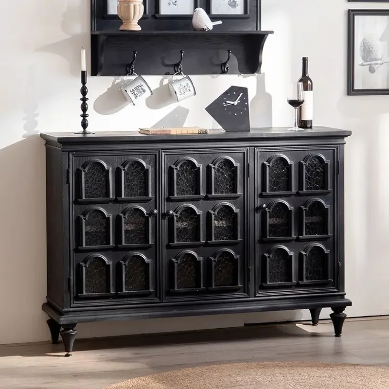 Solid wood living room against the wall Multifunctional water pattern glass Black entrance cabinet