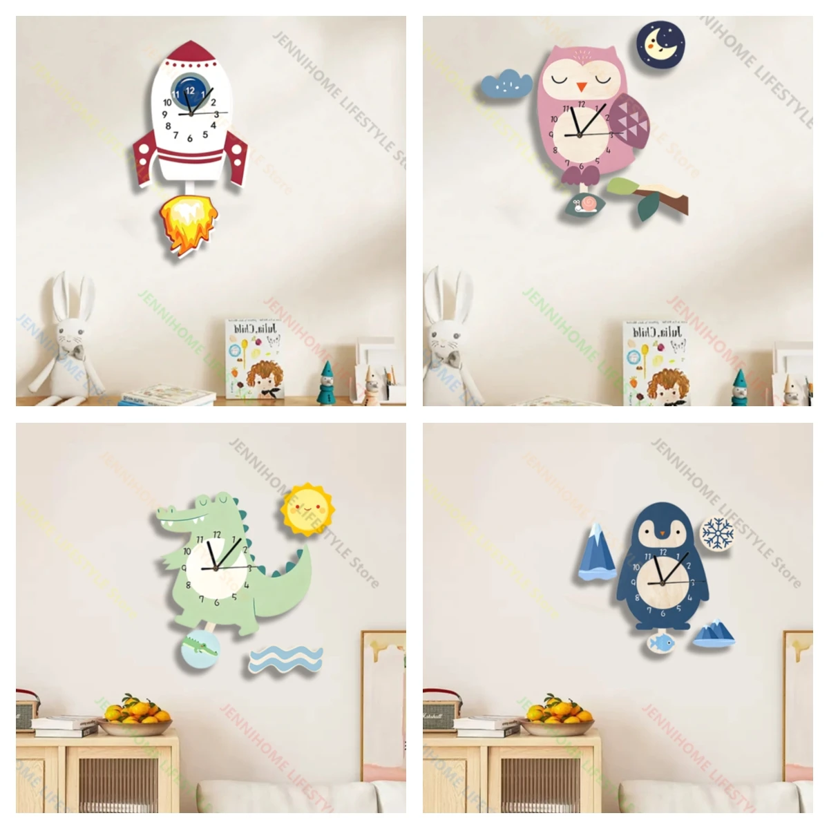 Rocket Pendulum Wall Clock Wall Mount Dinosaur Wall Watch Cute Animals DIY Decor for Home Bedroom Bird PVC Children's Gift