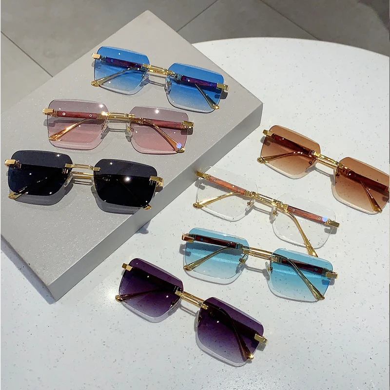 KAMMPT Rimless Rectangle Sunglasses Men Stylish Vintage Gradient Ocean Lenses Eyewear 2023 New Trendy Brand Design Women Shades