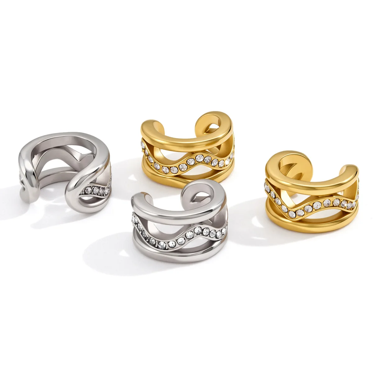 Minimalist PVD Hollow Out Wavy Clip Earrings Hypoallergenic Tiny Multi Layer C Shape Non Piercing for Cartilage Ear Cuff Earclip