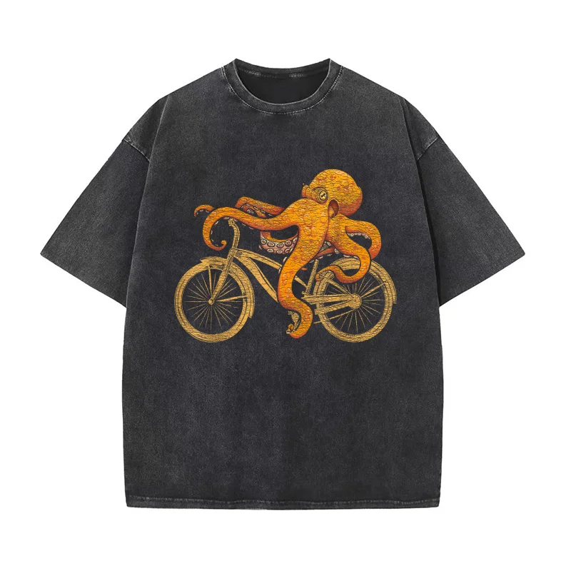 

Octopus Riding Bicycle Octopus Cotton Luxury Brand Men's T-shirts O-neck Tshirt Oversized Art Graphic Clothing Printed Funny