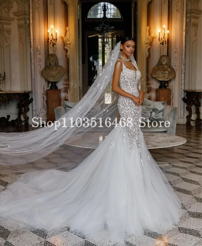 Luxury Mermaid Wedding Dresses 2024 For Women White Halter Bridal Dresses Appliqued Skinny Tulle Customised Long Robes De Soirée