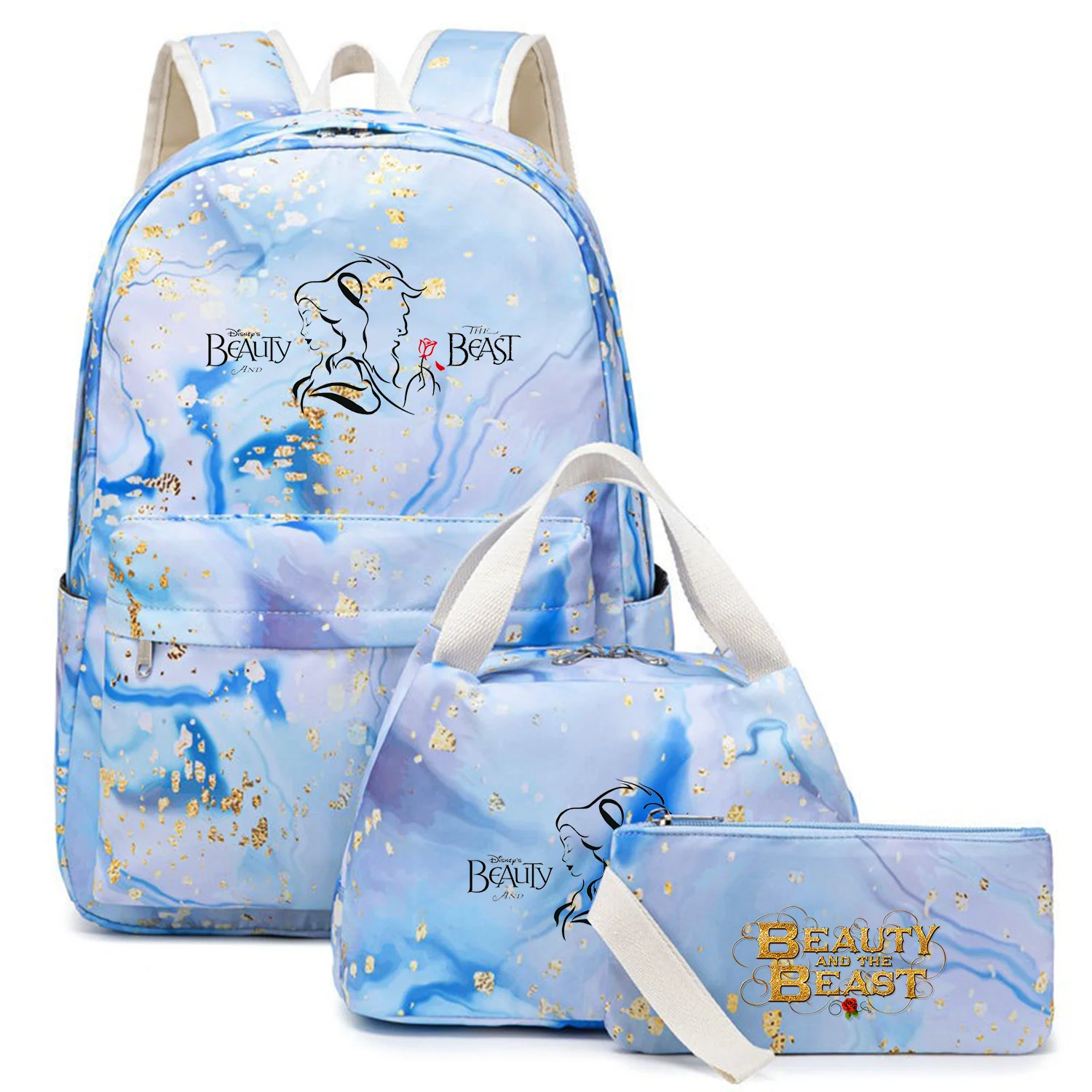 

3Pcs/Set Beauty and the Beast Kids Backpack Large Capacity Student Waterproof Schoolbag Boys Girls Pen Lunch Bags Travel Mochila