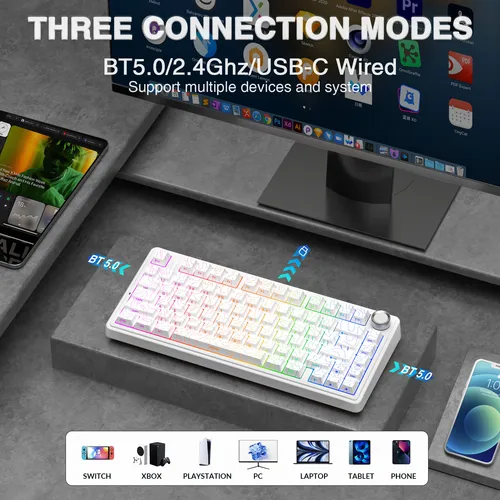 Imagen 2 del producto AULA F75 Pro-Teclado mecánico inalámbrico para videojuegos, montado en junta, RGB, personalizado, diseño 75%, teclas PBT de grabado lateral