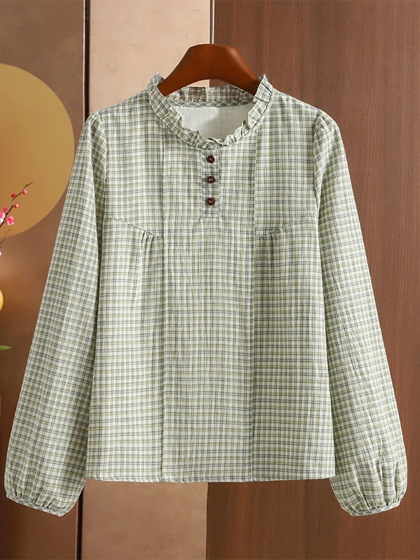 Elegant Plaid round Neck Shirt Women's Autumn Winter New Style Delicate Inner Lined Stand Collar Button up Casual Shirt