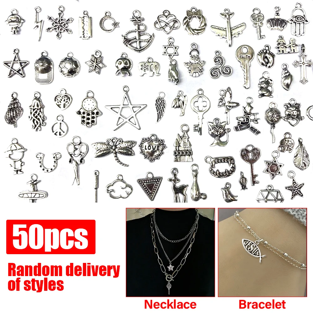 50Pcs/Set Mixed Tibetan Antique Silver Color Hollow Alloy Beads Spacer Beads for Jewelry Making DIY Bracelet Nekclace Pendant