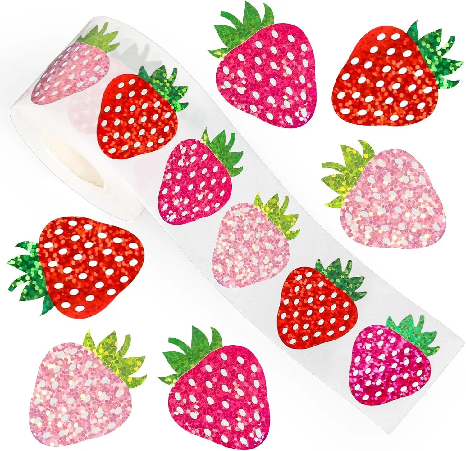 500 Pcs Strawberry Stickers Roll Holographic Pink Red Berry Fruit Seal Stickers 3 Colors Waterproof Decals for Envelop Scrapbook