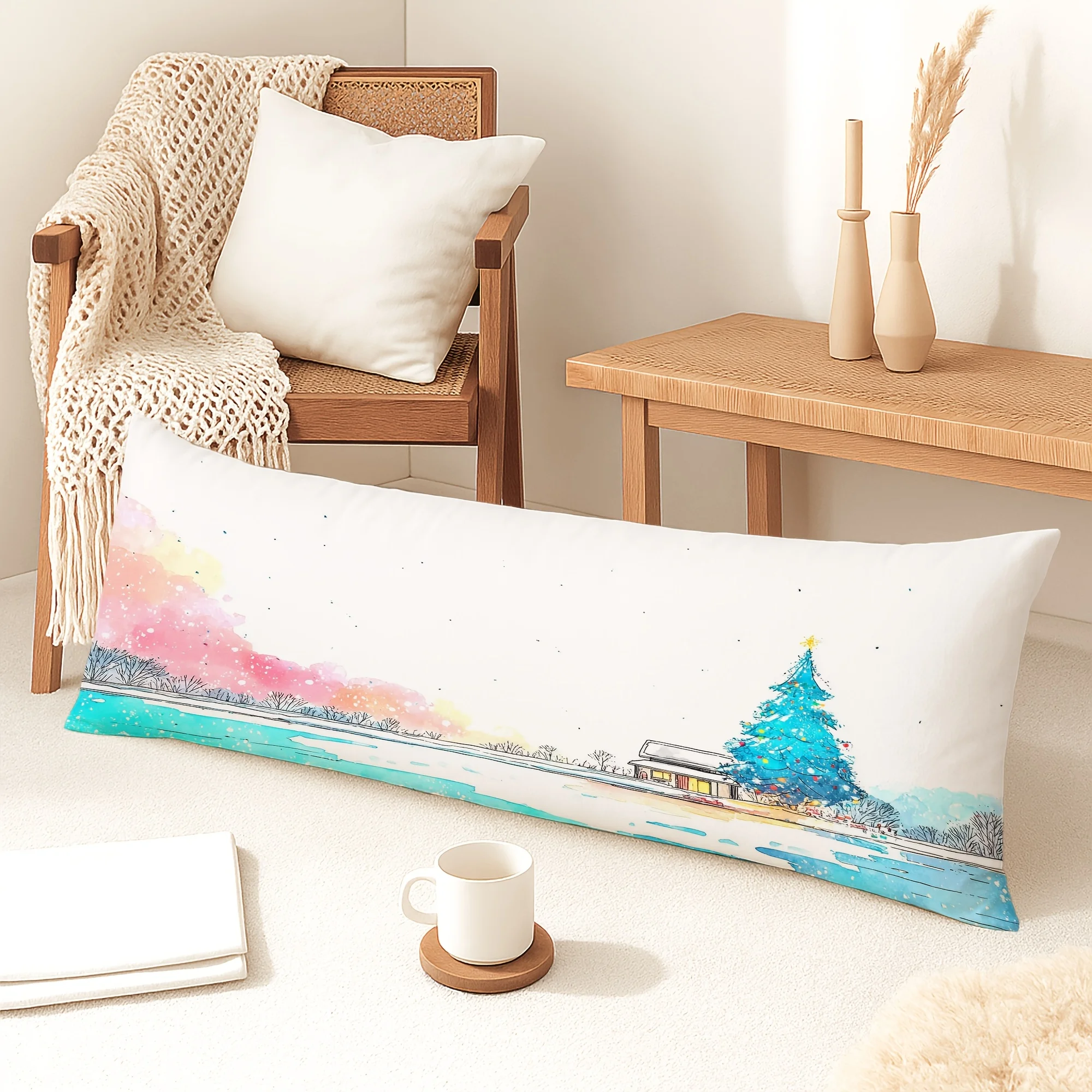1pc Body Pillow Cover Christmas Decoration Easy Cartoon Christmas Tree House Snowflakes 20*54 Inches Suitable for Living Room Be