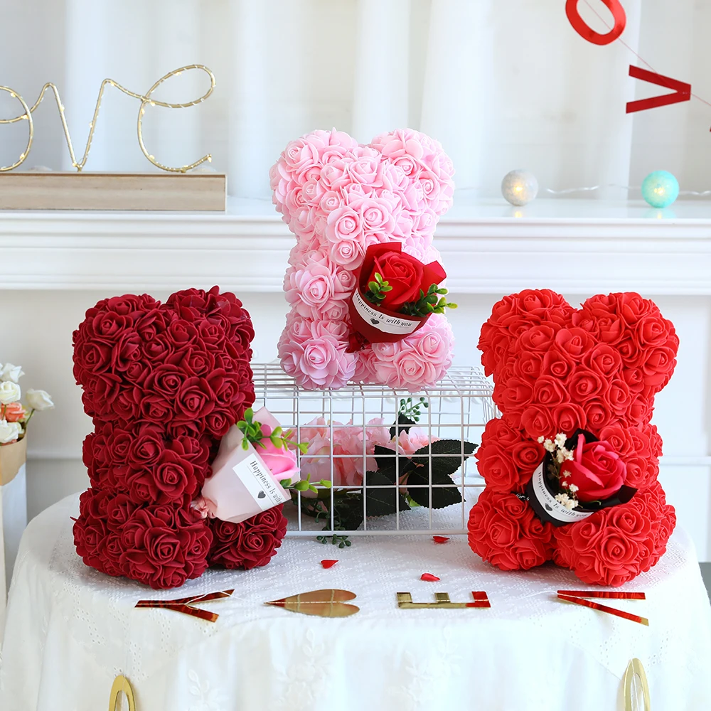 Artificial Flower 25cm Teddy Rose Bear With Box Light Valentine's Day Gift  Mom Girlfriend Anniversary Wedding Birthday Decoratio
