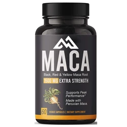 Organic Maca Root Powder Capsules 1500mg containing Black+Red+Yellow Maca Root Extract Supplements for Men and Women