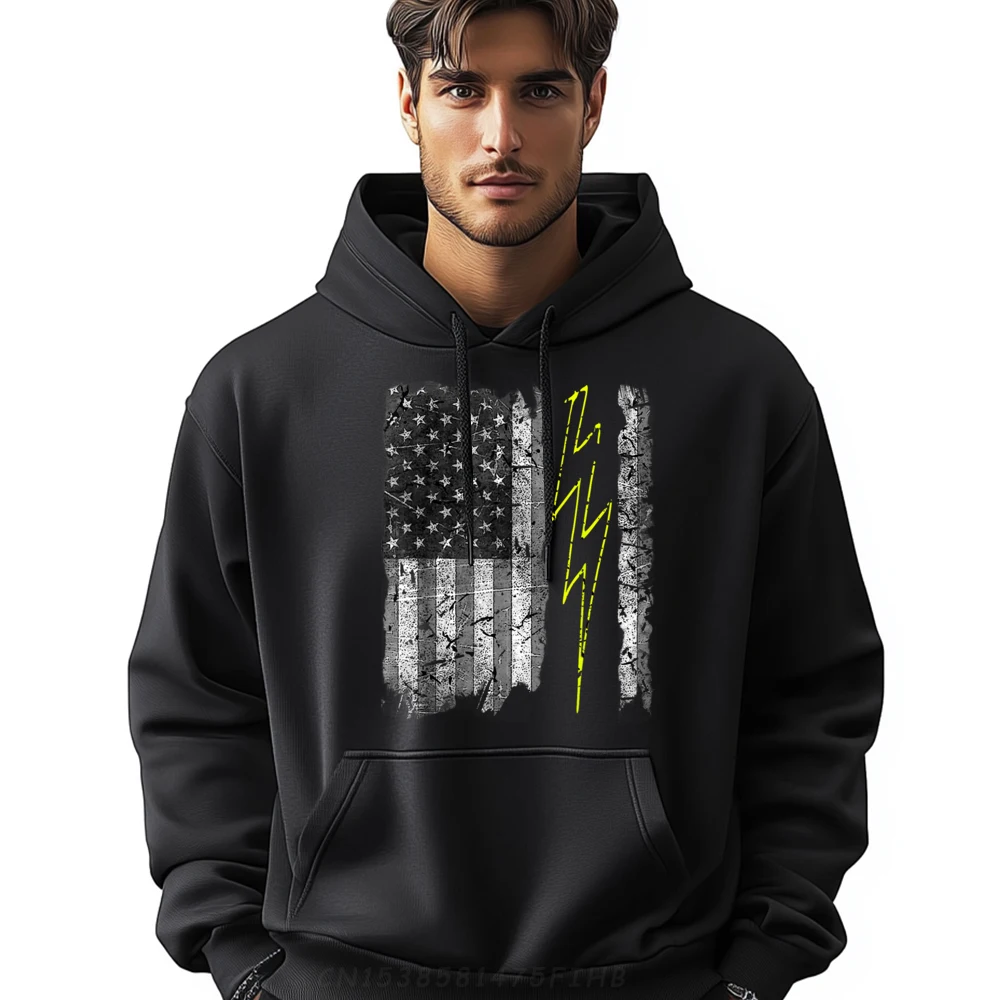 

Vintage Us Flag Sparky Electrician Printed On Long Sleeve Hoodies Funky Round Neck Mens Printed Sweatshirt