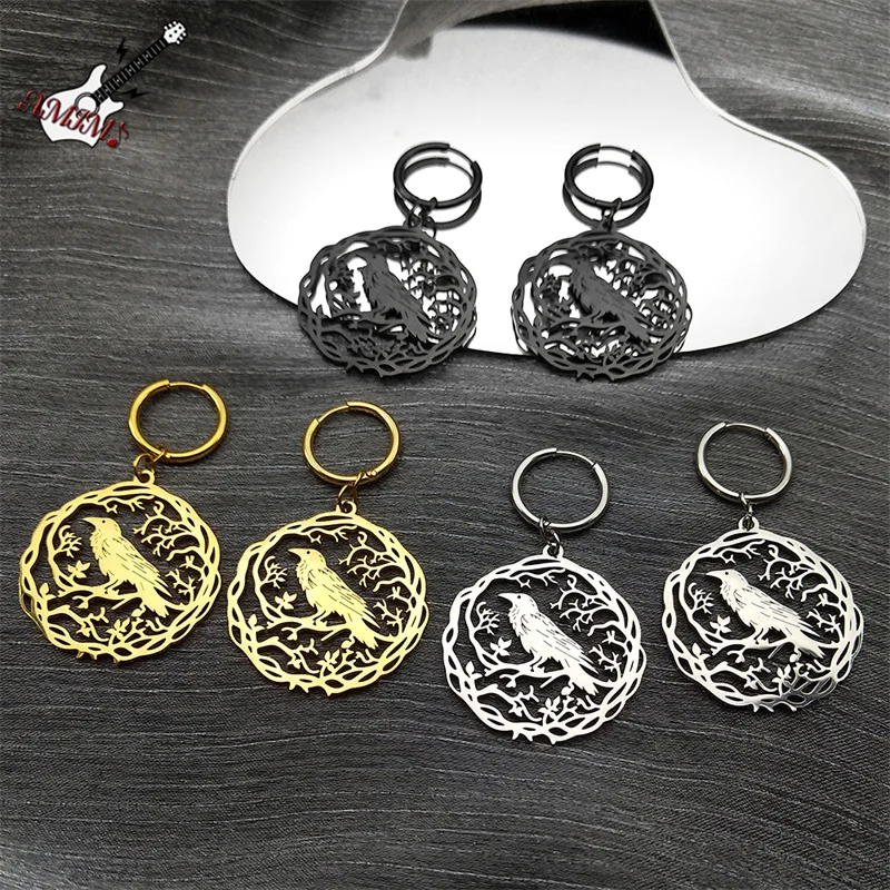 Goth Crow Hoops Ear Rings for Women Stainless Steel Gold Color Hollow Animal Raven Earrings Jewelry Halloween Gift EZZZ955S06