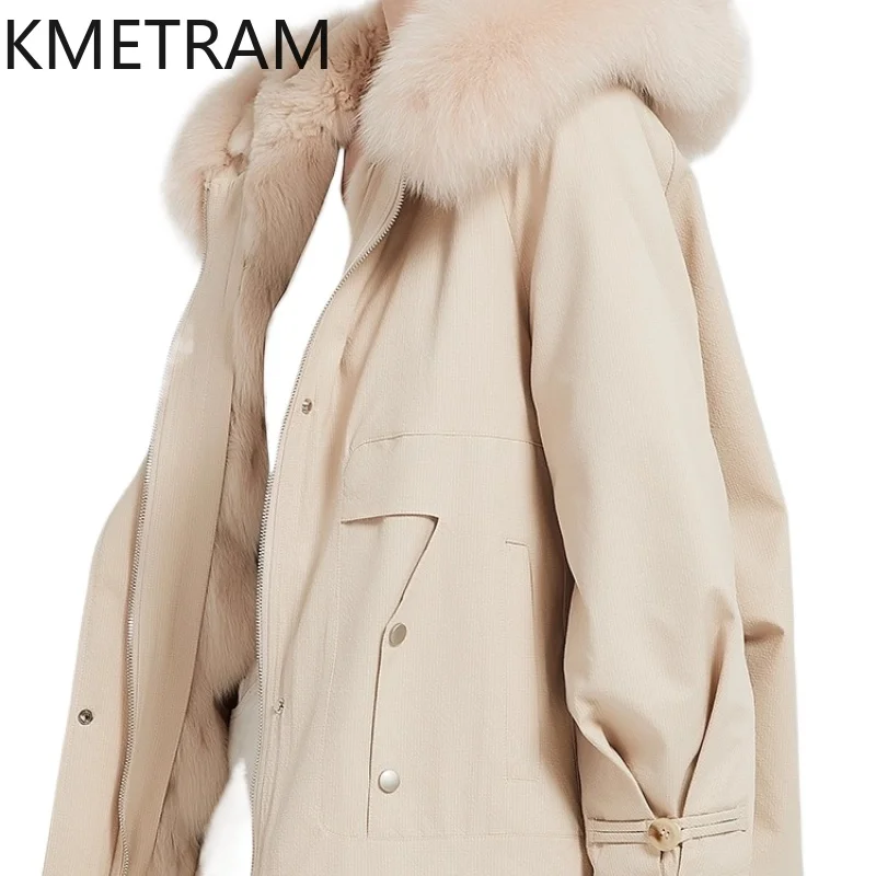

KMETRAM Natural Rex Rabbit Fur Removable Lining Coats 2025 Winter Short Parka Women Clothing Fox Fur Collar Hooded Jacket шуба