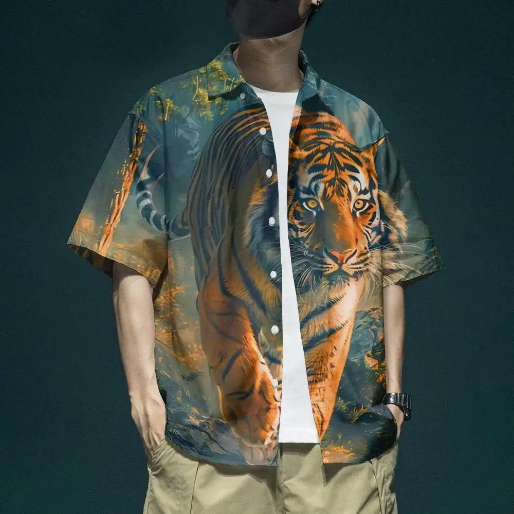 Camisa de manga corta con estampado de tigre en 3d para hombre, Tops hawaianos informales de verano, Top de gran tamaño, 2024