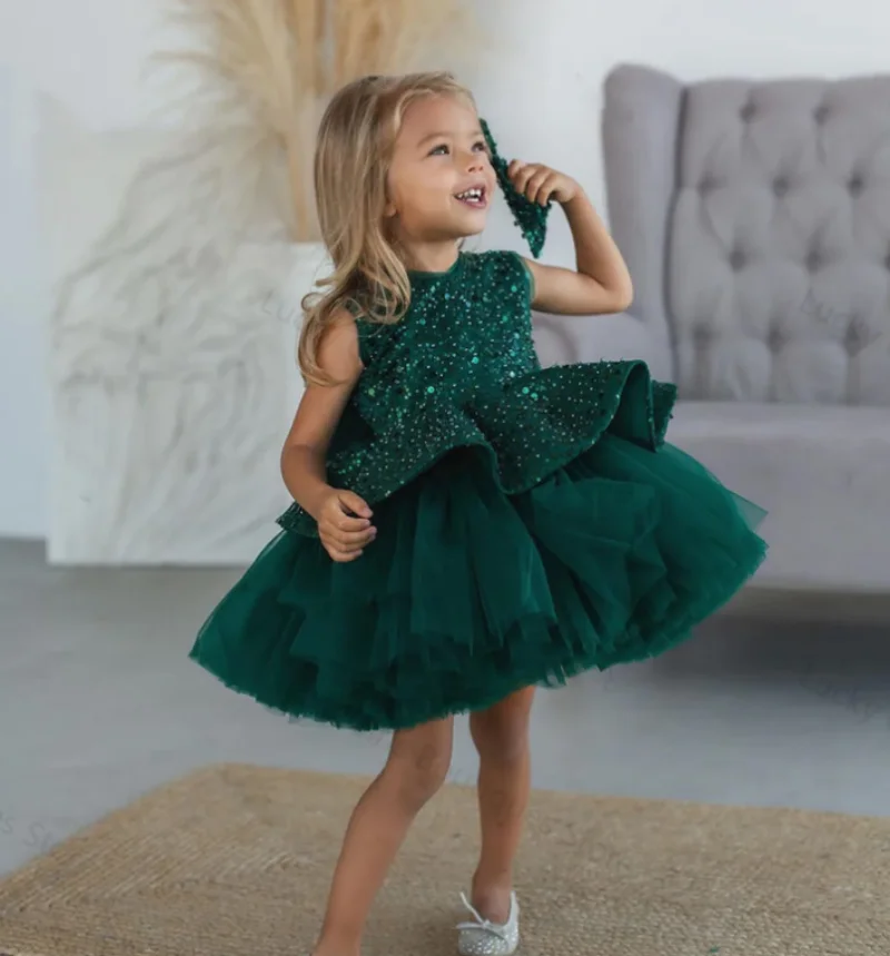 

Green Puffy Flower Girl Dress For Wedging 4 Layers Tulle With Bow Glitter Sequin Tutu Outfit Birthday Dress Pageant Gown