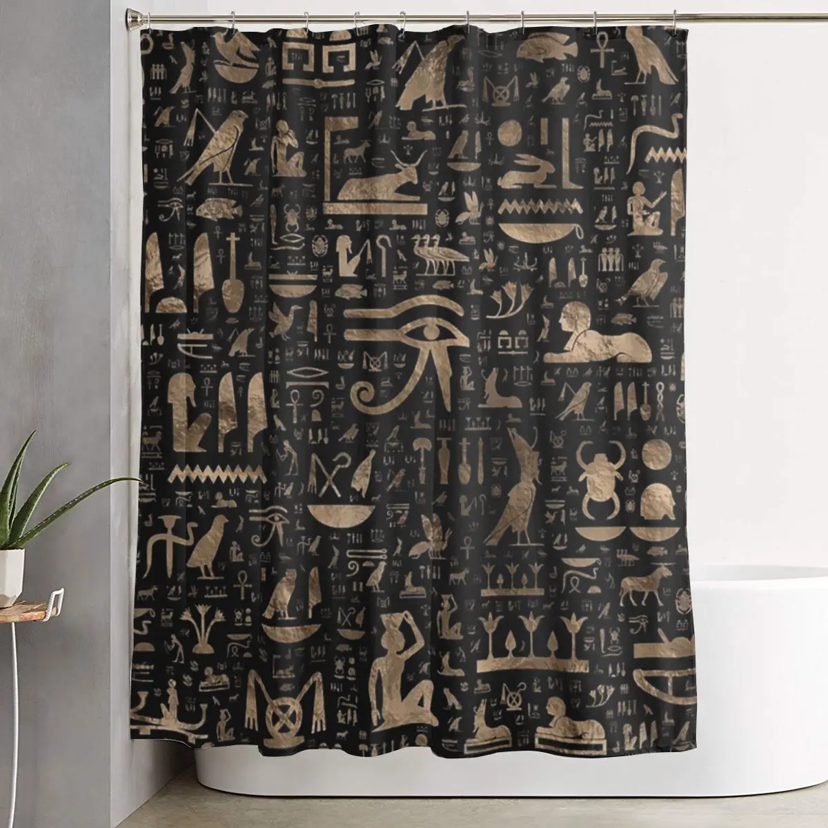 

Ancient Egyptian Hieroglyphs - Black And Gold Shower Curtain Bathroom Polyester Waterproof Bath Curtains with Hooks