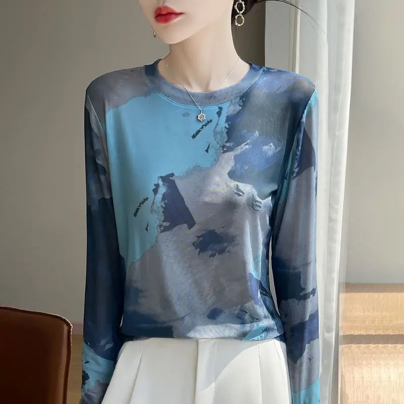 Fashionable Round Neck Long Sleeve Ink Painting Knitted Pullover 2025 Autumn Versatile Bottoming Shirt Loose Top