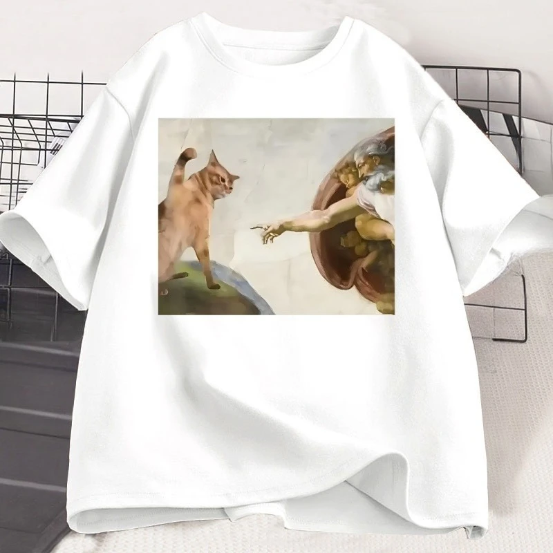 Funny Cat God Creation of Adam Meme T-Shirt Men Women Casuals Short Sleeve Jesus T Shirt O-Neck Tshirt Cotton Vintage Tees Tops