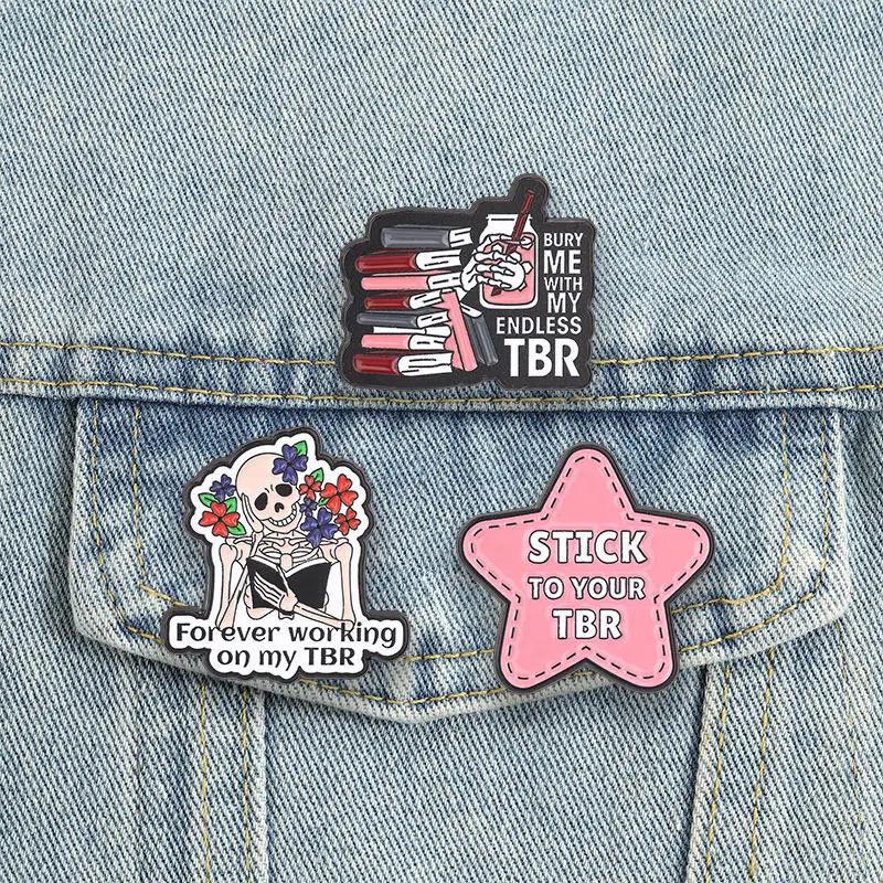 Book Lover TBR Enamel Pins Skeleton Bury Me With My Endless TBR Brooches Funny Reading Lapel Badges Bookworm Jewelry Gift