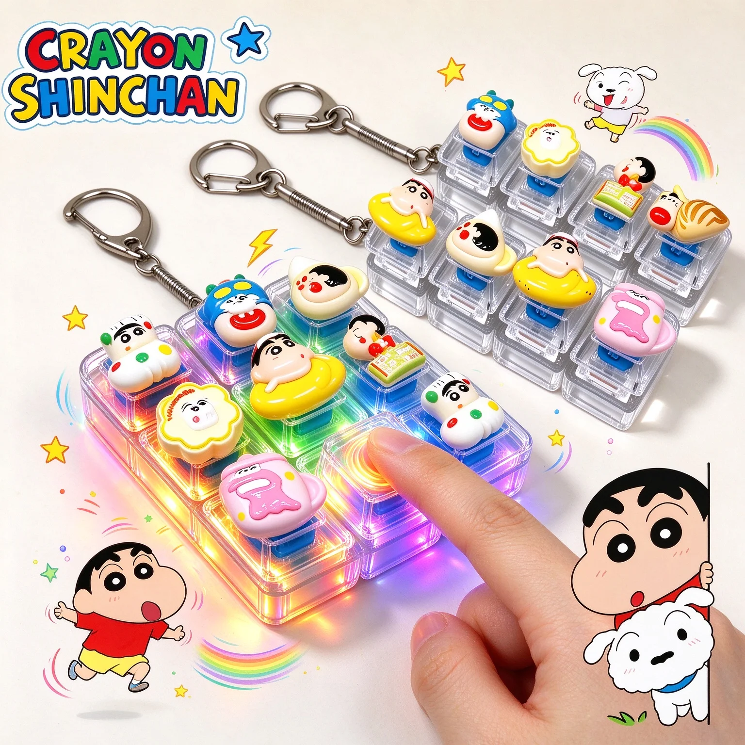 @Crayon Shin-chanCute Pocket Fidget Pendant 4/9 Keys Mechanical Keyboard Keychain With Light Clicker Anxiety Stress Relief Gift