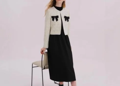 Autumn New 2025 Women's Elegant Fashionable Small Fragrant Style Jacket and Solid Color Round Neck A-Line Black Long Skirt Set