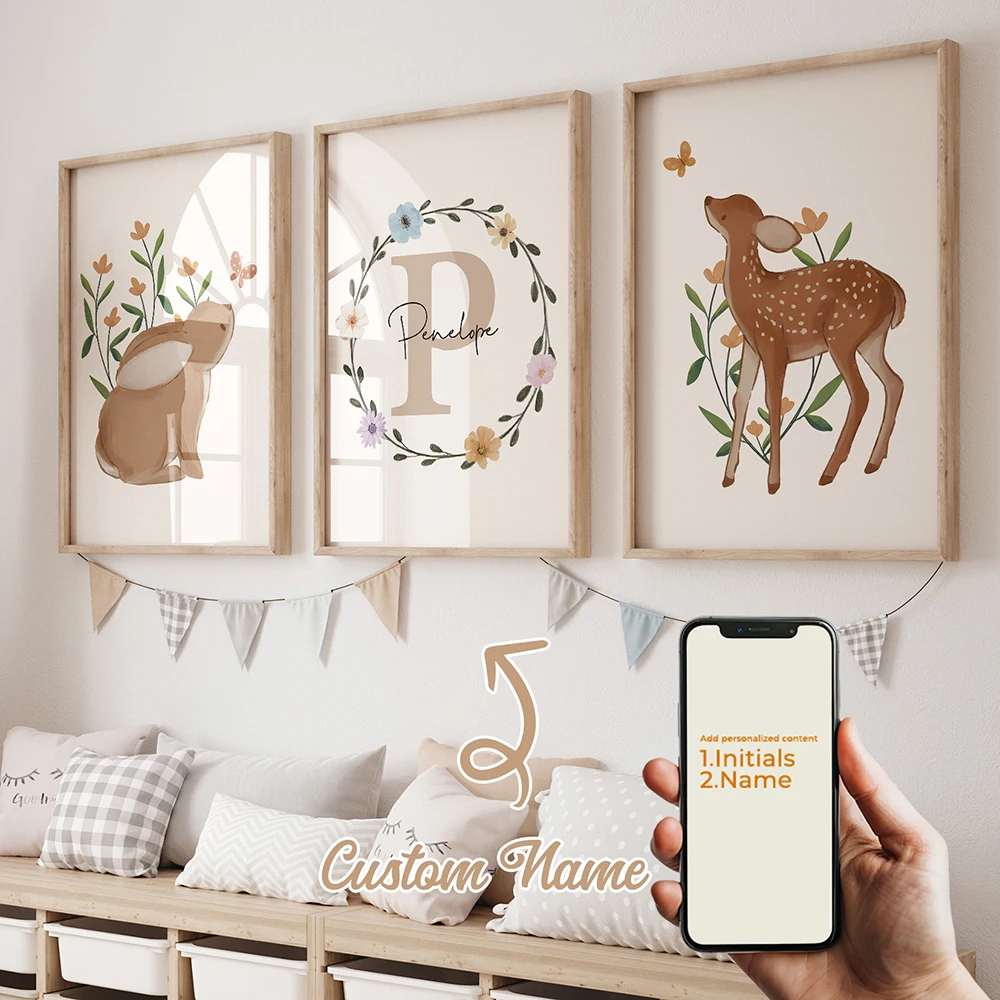 3pcs Personalized Custom Name Cartoon Rabbit Deer Wall Art Print Picture Canvas Poster Painting For Living Room Home Decor