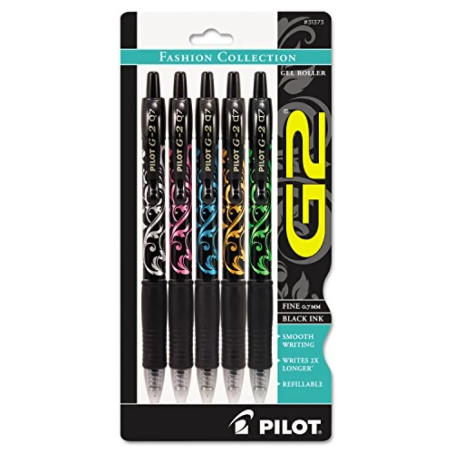 

31373 G2 Fashion Premium Retractable Gel Ink Pen, Black Ink/Asst. Barrels, .7mm, 5/Pack PIL31373