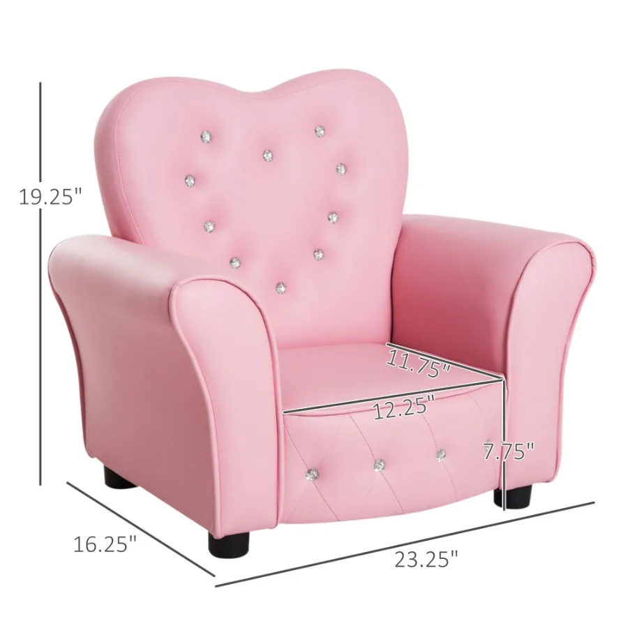 Qaba Pink Princess Toddler Sofa Chair Tufted Upholstered with Diamond Decor Luxury Couch for
