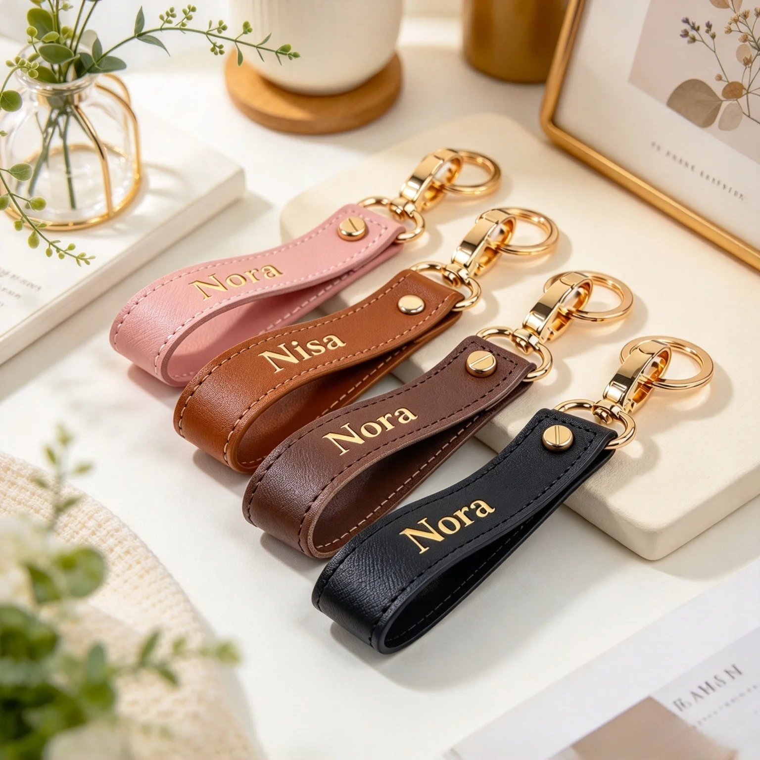 Customized Name or Letter Leather Women's Bag Lanyard as Anti‑Damage Wrist Strap Keychain Decorative Bag Hanging Accessory