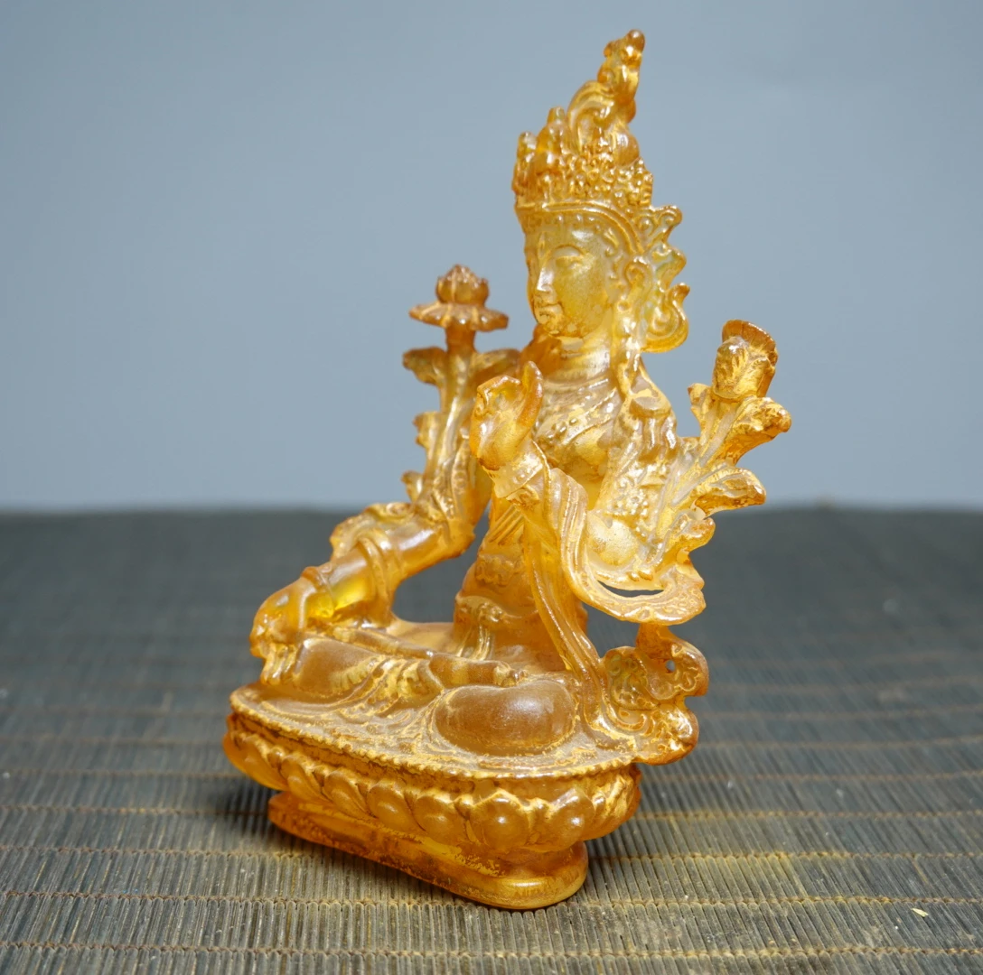 China Ancient Colored Glaze Golden Liuli Crystal Green Tara Buddha Statue Fengshui Home Decor Decoration Accessories Living Room view 2