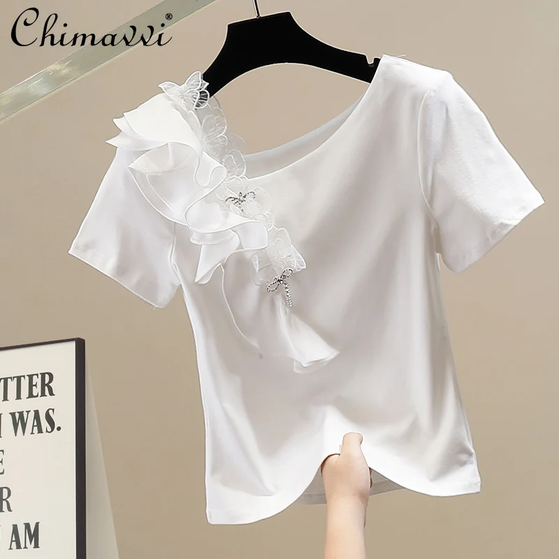 

Fashion Heavy 3D Flower Decoration Short Sleeve T-Shirt Summer New Fashion Design French Slim Elegant Short Sleeve T-Shirt Top