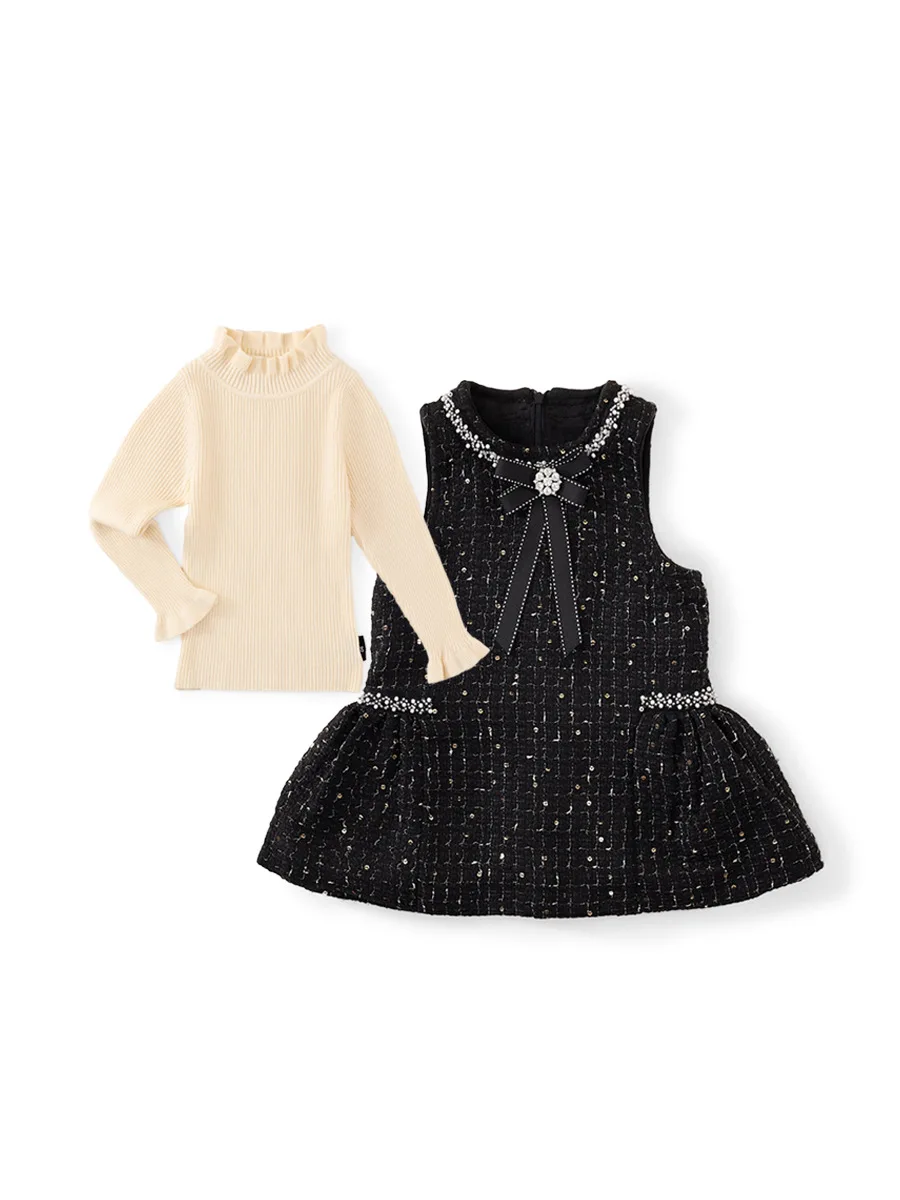 

Girls set small fragrance sequin sundress long sleeve knit two-piece 2024 Autumn/winter black fashion children plus fleece dress