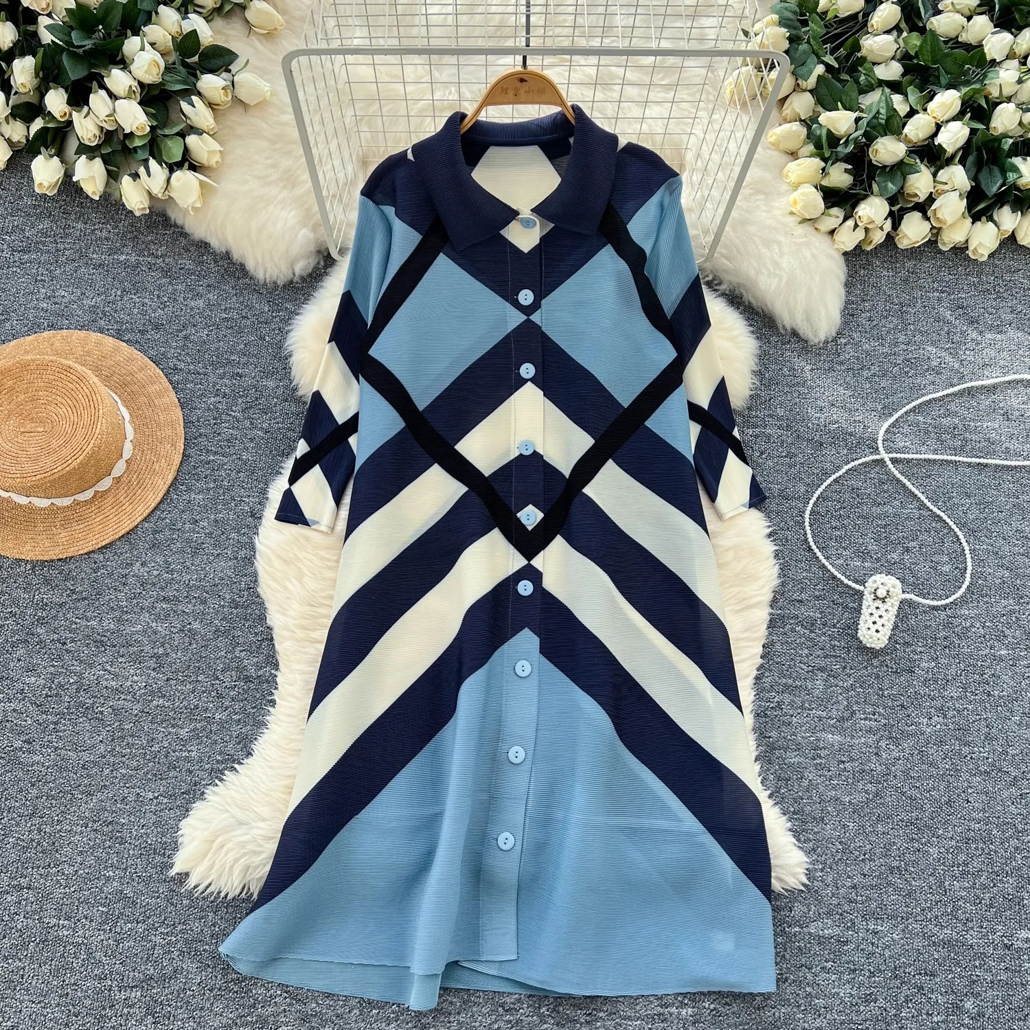 Ata Yake-Robe chemise plissée à rayures pour femme, col rabattu, commande haute, surdimensionnée, mi-longue, robe de soirée, vêtements féminins éducatifs