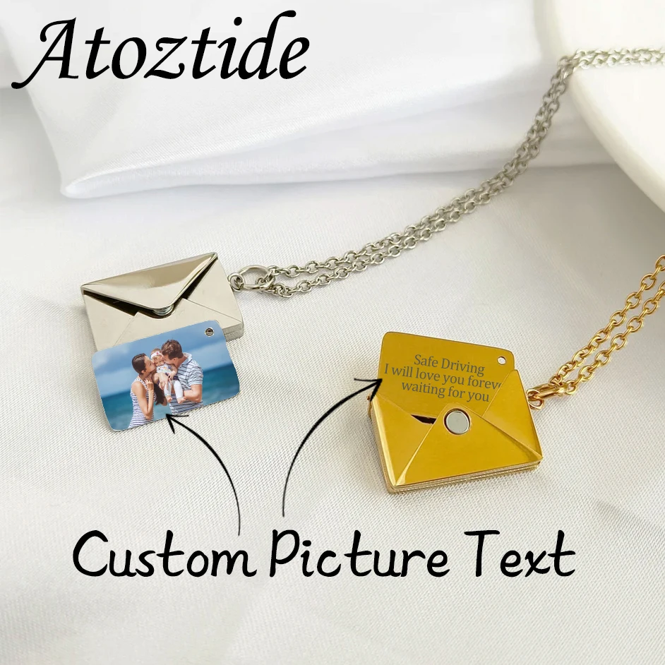 Atoztide Personalized Envelope Necklaces Engraved Photo Name Letter Secret Stainless Steel For Men Women Locket Anniversary Gift