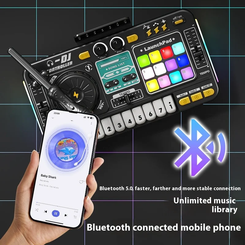 Caixa de batida de dj infantil, multifuncional, bluetooth, instrumento de brinquedo de simulação de música com microfone, brinquedo onal para bebê