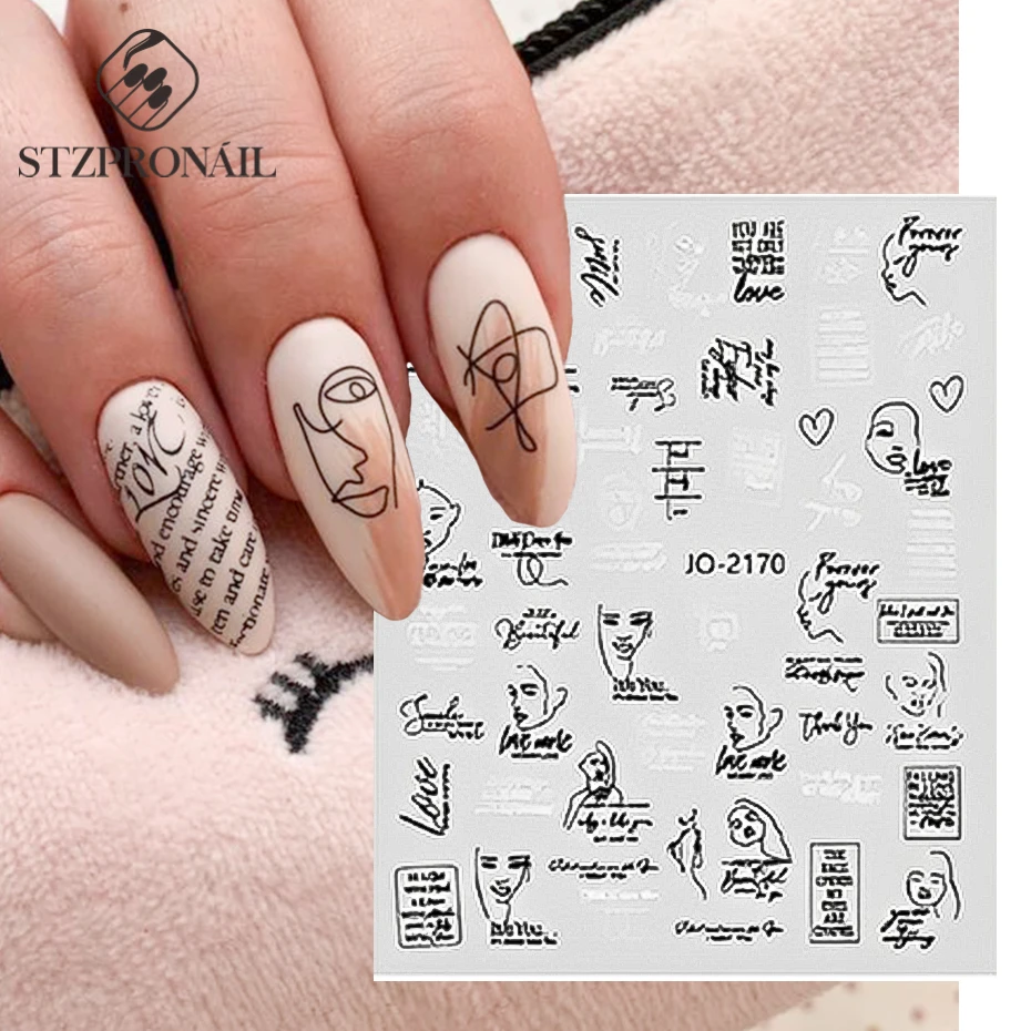 3D Black White Letters Nail Sticker Abstract Women Face Love Heart Label Sliders Nails Art Word Design UV Gel Charms SLJO-2173