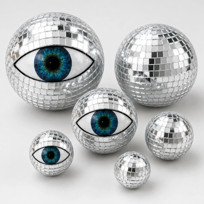 Silver Mirrored Finish Halloween Disco Eyeballs Decors Set, 16Pcs Foam Orbs Ornaments for Bowl Fillers, Shelf Styling, 37JD