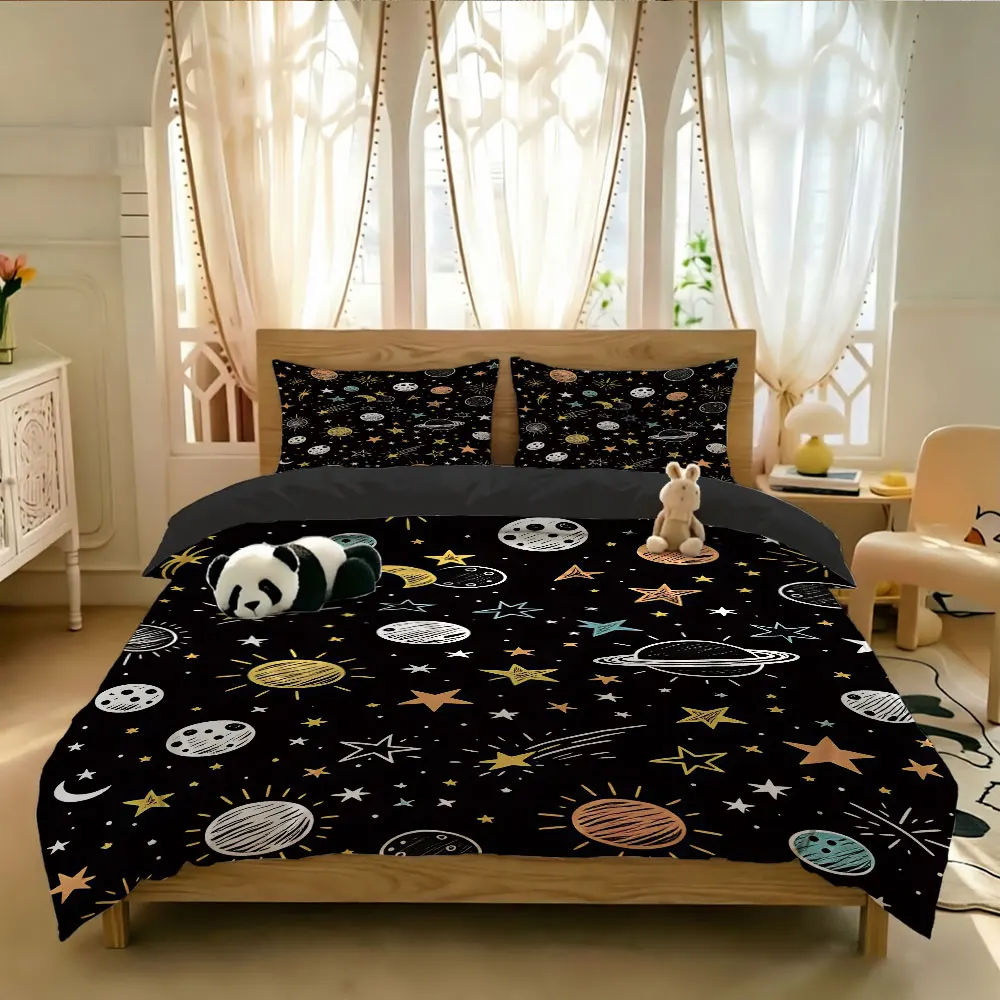 Space Planet Duvet Cover Set 3Pcs, Black Galaxy Star Bedding, Cosmic Print Quilt Cover with Pillowcases, Kids Bedroom Decor
